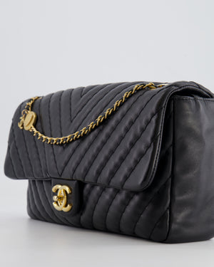 Chanel Black Large Single Flap Bag in Chevron Lambskin Leather with Gold Hardware and CC Medallion Detail