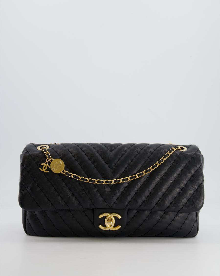 Chanel Black Large Single Flap Bag in Chevron Lambskin Leather with Gold Hardware and CC Medallion Detail