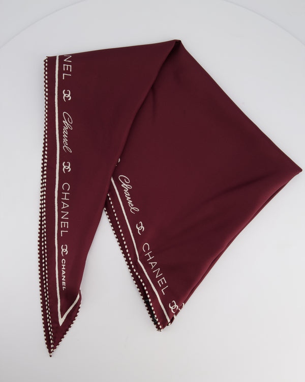 Chanel Burgundy Silk Scarf with White Borders and Chanel Font Prints Size 161cm