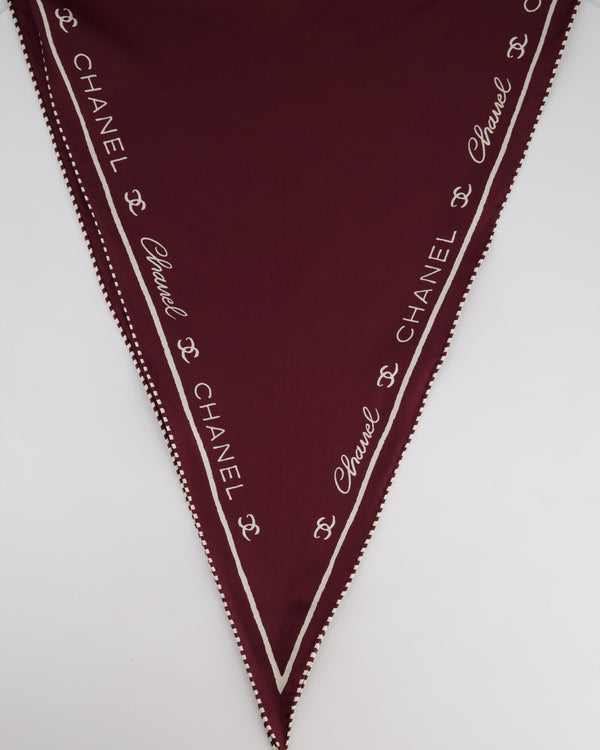 Chanel Burgundy Silk Scarf with White Borders and Chanel Font Prints Size 161cm