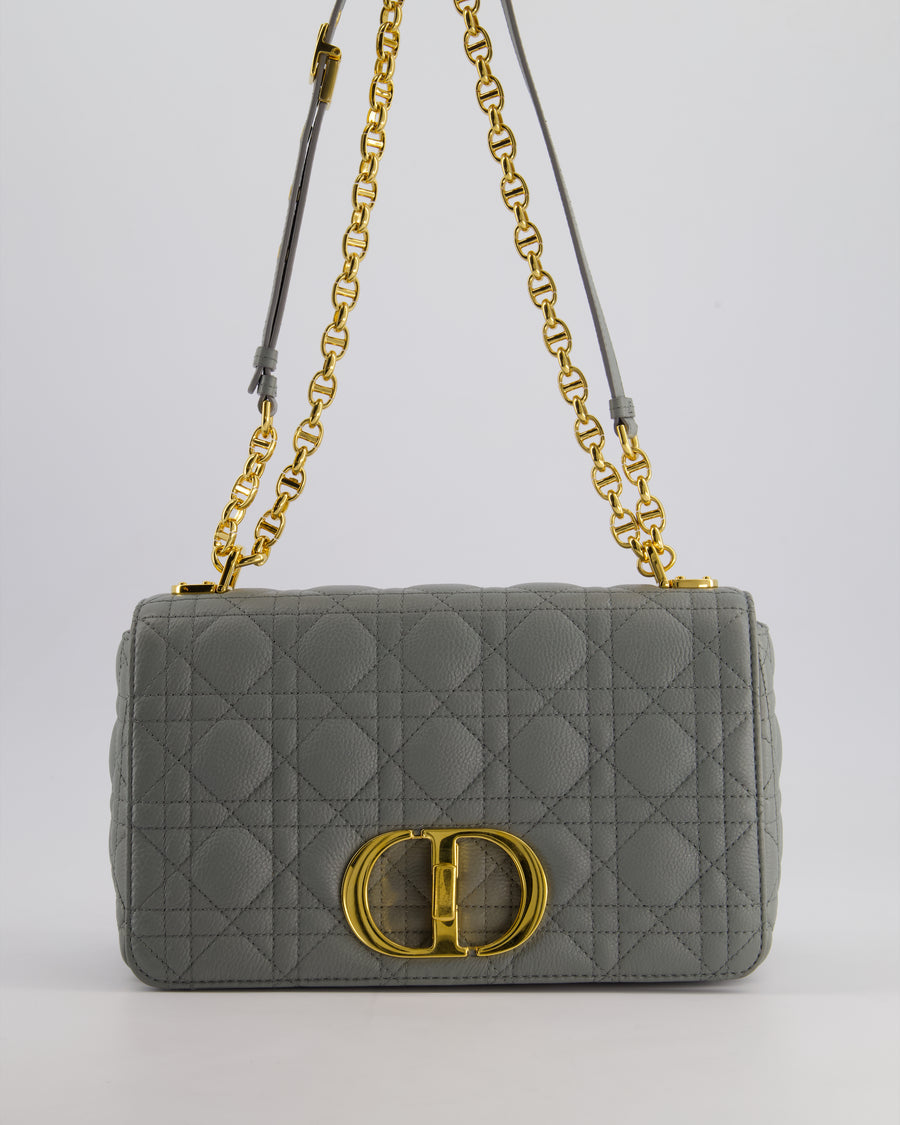 Christian Dior Grey Large Caro Supple Cannage Calfskin Leather Flap Bag With Gold Hardware RRP £3750