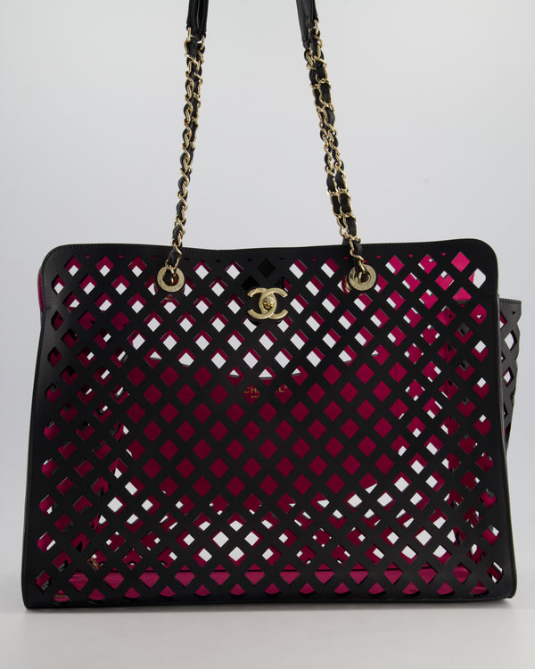 Chanel Black and Pink See Through Perforated Leather Shopper Tote Bag with Champagne Gold Hardware