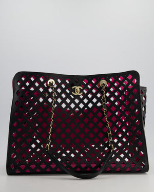 Chanel Black and Pink See Through Perforated Leather Shopper Tote Bag with Champagne Gold Hardware