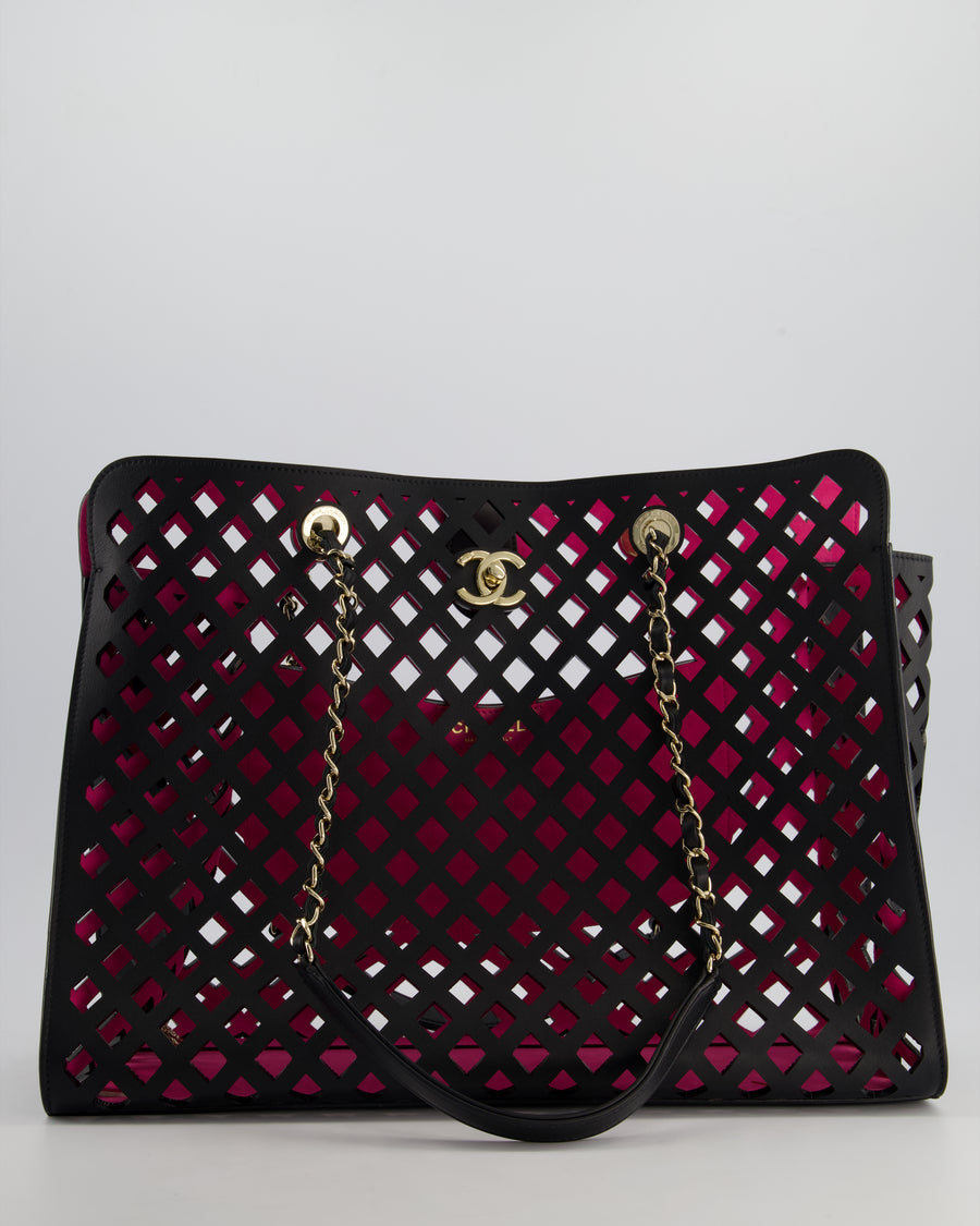 Chanel Black and Pink See Through Perforated Leather Shopper Tote Bag with Champagne Gold Hardware