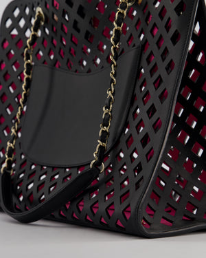 Chanel Black and Pink See Through Perforated Leather Shopper Tote Bag with Champagne Gold Hardware