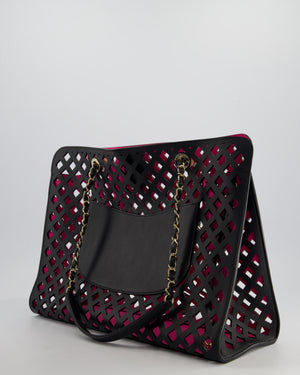 Chanel Black and Pink See Through Perforated Leather Shopper Tote Bag with Champagne Gold Hardware