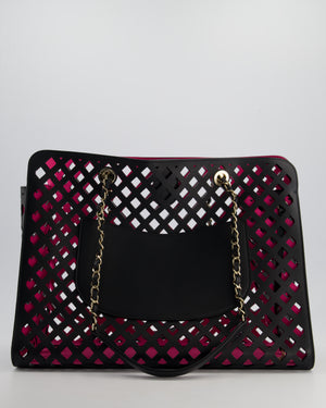 Chanel Black and Pink See Through Perforated Leather Shopper Tote Bag with Champagne Gold Hardware