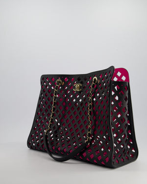 Chanel Black and Pink See Through Perforated Leather Shopper Tote Bag with Champagne Gold Hardware