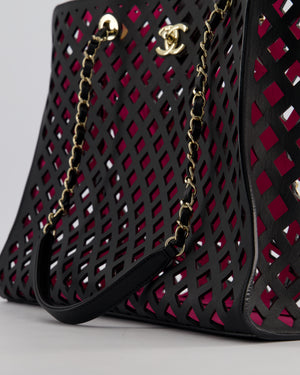 Chanel Black and Pink See Through Perforated Leather Shopper Tote Bag with Champagne Gold Hardware