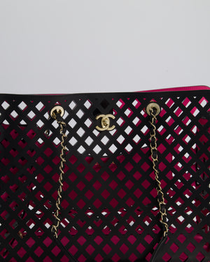 Chanel Black and Pink See Through Perforated Leather Shopper Tote Bag with Champagne Gold Hardware