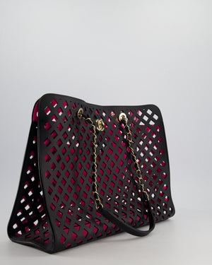 Chanel Black and Pink See Through Perforated Leather Shopper Tote Bag with Champagne Gold Hardware