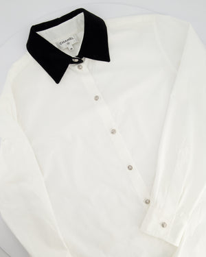 Chanel White Button Down Shirt with Velvet Collar and Silver Button Details Size FR 38 (UK 10)