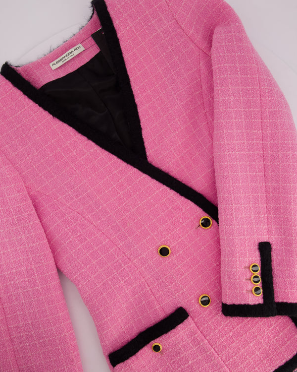 Alessandra Rich Fuchsia Pink Tweed Double Breasted Jacket with Gold Button Detail Size IT 44 (UK 12)