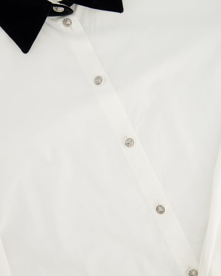 Chanel White Button Down Shirt with Velvet Collar and Silver Button Details Size FR 38 (UK 10)