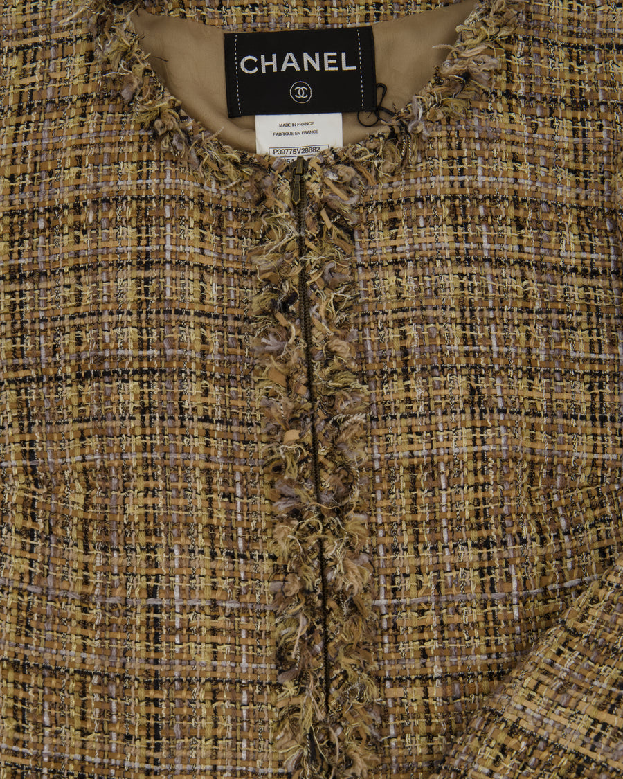 Chanel 18/K Beige Lesage Tweed Round Neck Jacket with Frayed Detail Size FR 36 (UK 8)