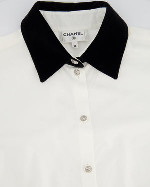 Chanel White Button Down Shirt with Velvet Collar and Silver Button Details Size FR 38 (UK 10)