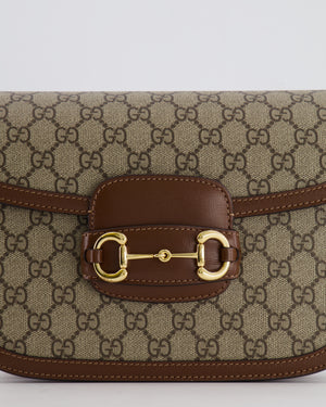 Gucci Horsebit 1955 Small Shoulder Bag in Beige/Dark Brown GG Supreme Monogram Canvas & Brown Leather Trim with Gold Hardware RRP £2,400