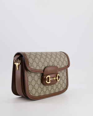 Gucci Horsebit 1955 Small Shoulder Bag in Beige/Dark Brown GG Supreme Monogram Canvas & Brown Leather Trim with Gold Hardware RRP £2,400