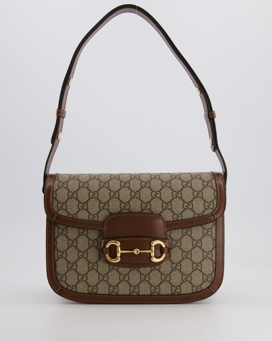 Gucci Horsebit 1955 Small Shoulder Bag in Beige/Dark Brown GG Supreme Monogram Canvas & Brown Leather Trim with Gold Hardware RRP £2,400