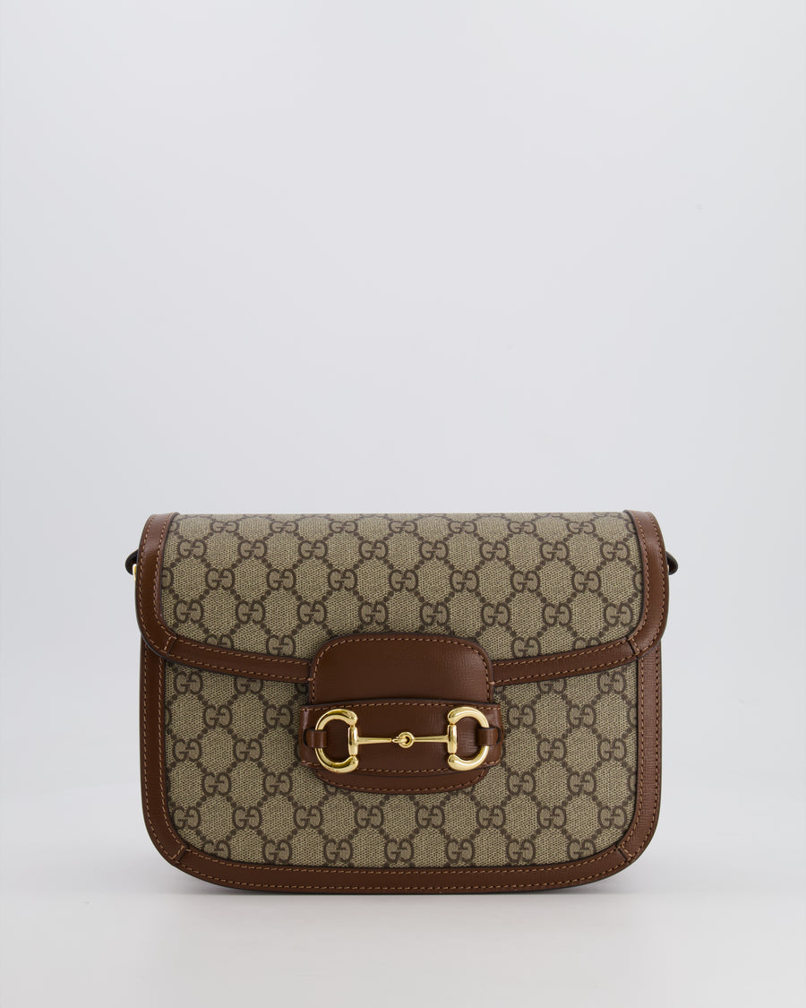 Gucci Horsebit 1955 Small Shoulder Bag in Beige/Dark Brown GG Supreme Monogram Canvas & Brown Leather Trim with Gold Hardware RRP £2,400