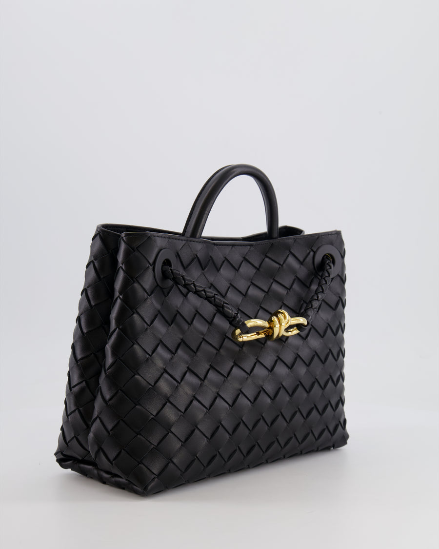 Bottega Veneta Black Small Andiamo Intrecciato Leather Top Handle Bag with Sliding Cross-Body and Gold Knot Hardware RRP £3,410