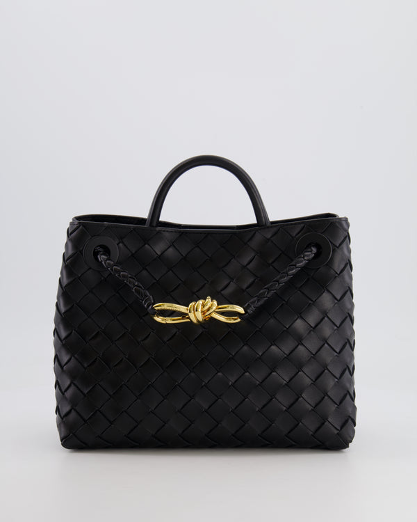 Bottega Veneta Black Small Andiamo Intrecciato Leather Top Handle Bag with Sliding Cross-Body and Gold Knot Hardware RRP £3,410