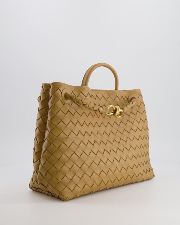 Bottega Veneta Andiamo Medium In Beige Praline Intrecciato Leather Top Handle Bag with Sliding Cross-Body and Gold Knot Hardware RRP £4,030