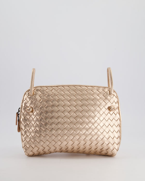 Bottega Veneta Metallic Rose Gold Intrecciato Leather Cross-Body Bag with Ruthenium Hardware