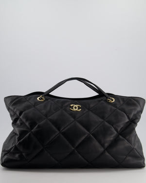 Chanel Black Quilted Lambskin Leather Shopper Tote Bag With Drawstring Interior Detail and Champagne Gold Hardware