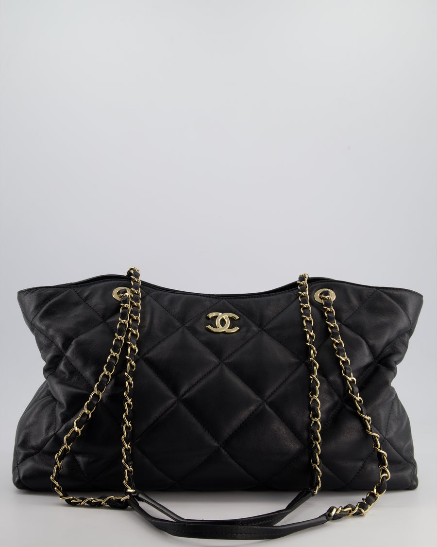 Chanel Black Quilted Lambskin Leather Shopper Tote Bag With Drawstring Interior Detail and Champagne Gold Hardware