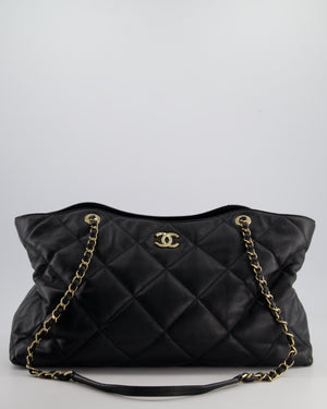 Chanel Black Quilted Lambskin Leather Shopper Tote Bag With Drawstring Interior Detail and Champagne Gold Hardware