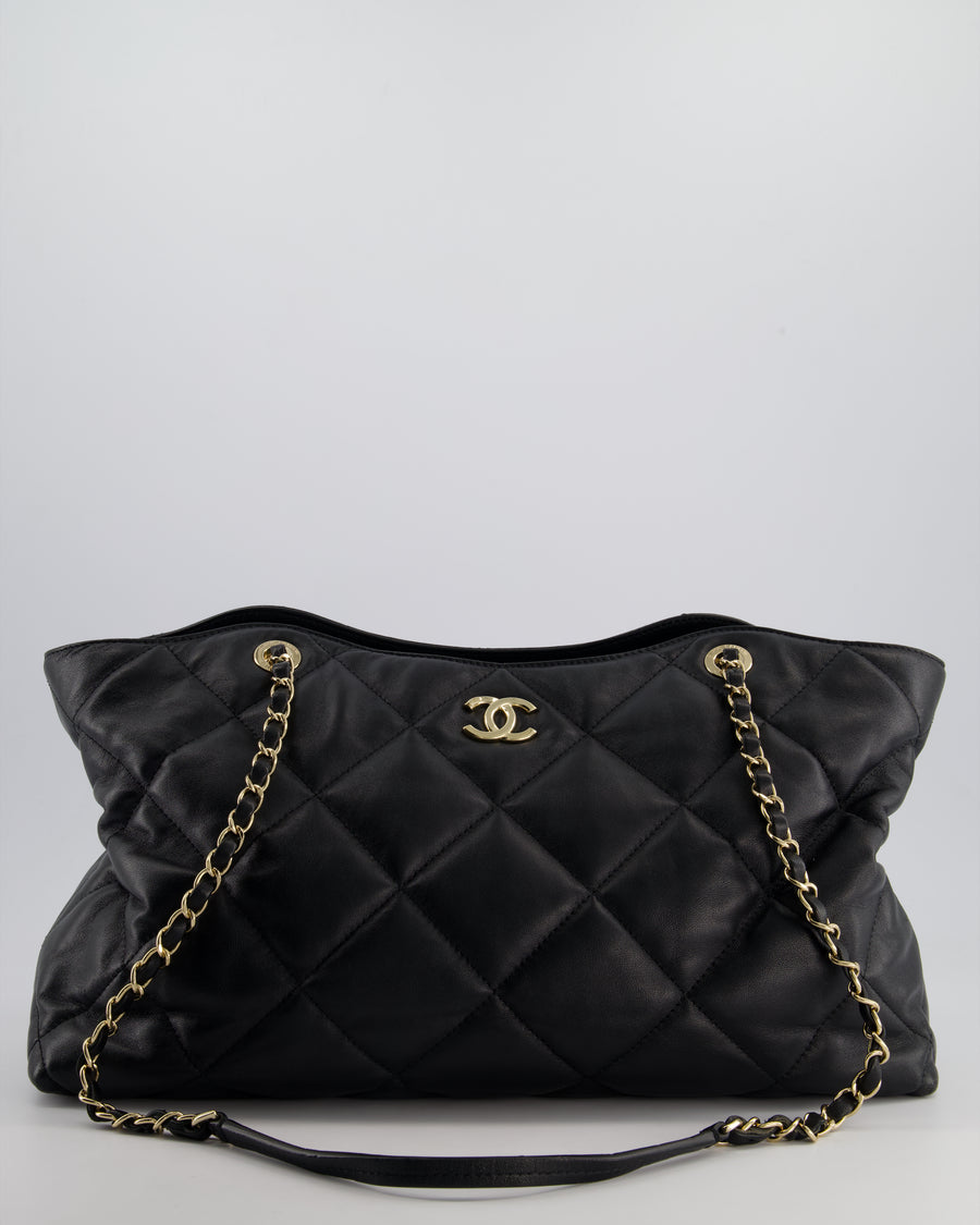 Chanel Black Quilted Lambskin Leather Shopper Tote Bag With Drawstring Interior Detail and Champagne Gold Hardware