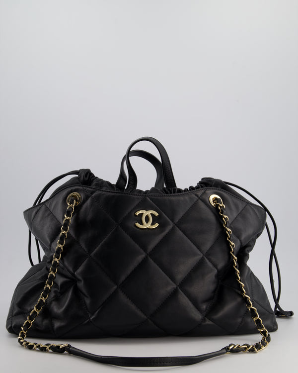 Chanel Black Quilted Lambskin Leather Shopper Tote Bag With Drawstring Interior Detail and Champagne Gold Hardware