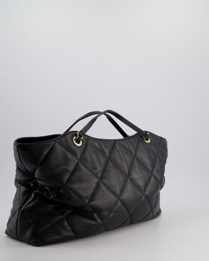 Chanel Black Quilted Lambskin Leather Shopper Tote Bag With Drawstring Interior Detail and Champagne Gold Hardware