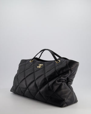 Chanel Black Quilted Lambskin Leather Shopper Tote Bag With Drawstring Interior Detail and Champagne Gold Hardware