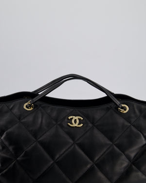 Chanel Black Quilted Lambskin Leather Shopper Tote Bag With Drawstring Interior Detail and Champagne Gold Hardware