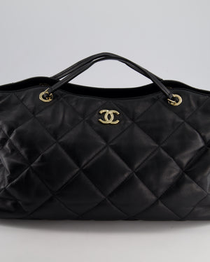 Chanel Black Quilted Lambskin Leather Shopper Tote Bag With Drawstring Interior Detail and Champagne Gold Hardware