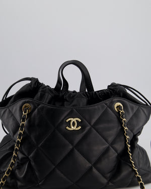 Chanel Black Quilted Lambskin Leather Shopper Tote Bag With Drawstring Interior Detail and Champagne Gold Hardware