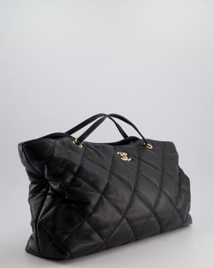 Chanel Black Quilted Lambskin Leather Shopper Tote Bag With Drawstring Interior Detail and Champagne Gold Hardware