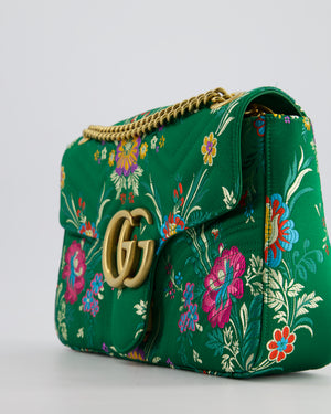 Gucci Green Silk Floral Medium GG Marmont Shoulder Bag with Gold Hardware