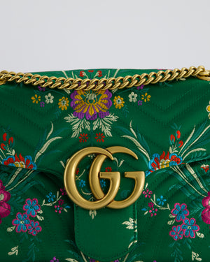 Gucci Green Silk Floral Medium GG Marmont Shoulder Bag with Gold Hardware