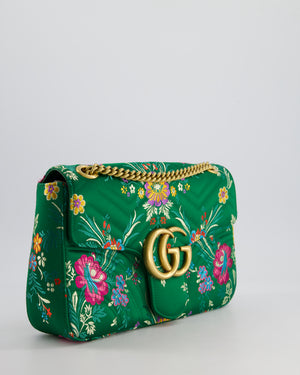 Gucci Green Silk Floral Medium GG Marmont Shoulder Bag with Gold Hardware