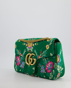 Gucci Green Silk Floral Medium GG Marmont Shoulder Bag with Gold Hardware