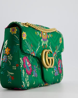 Gucci Green Silk Floral Medium GG Marmont Shoulder Bag with Gold Hardware