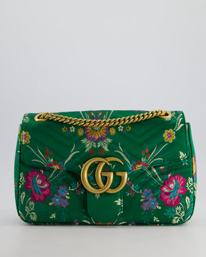 Gucci Green Silk Floral Medium GG Marmont Shoulder Bag with Gold Hardware