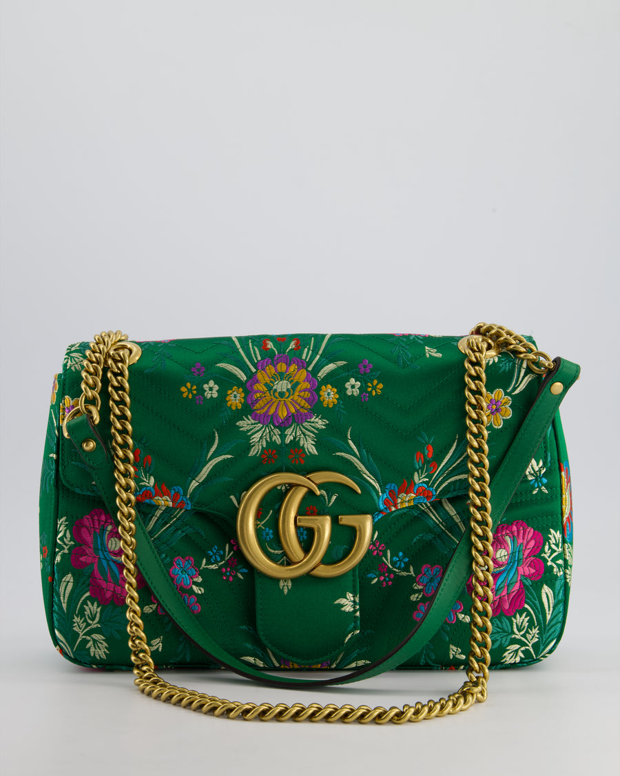 Gucci Green Silk Floral Medium GG Marmont Shoulder Bag with Gold Hardware