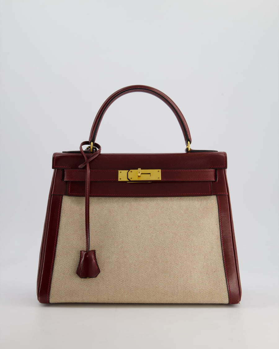 *HOT VINTAGE* Hermès Kelly 28cm Retourne Bag in Ecru Toile Canvas and Rouge H Box Calf Leather with Gold Hardware