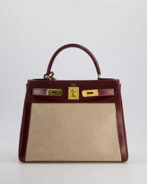 *HOT VINTAGE* Hermès Kelly 28cm Retourne Bag in Ecru Toile Canvas and Rouge H Box Calf Leather with Gold Hardware