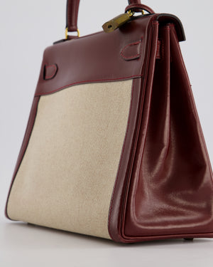 *HOT VINTAGE* Hermès Kelly 28cm Retourne Bag in Ecru Toile Canvas and Rouge H Box Calf Leather with Gold Hardware