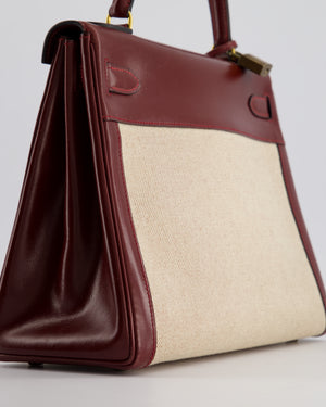 *HOT VINTAGE* Hermès Kelly 28cm Retourne Bag in Ecru Toile Canvas and Rouge H Box Calf Leather with Gold Hardware